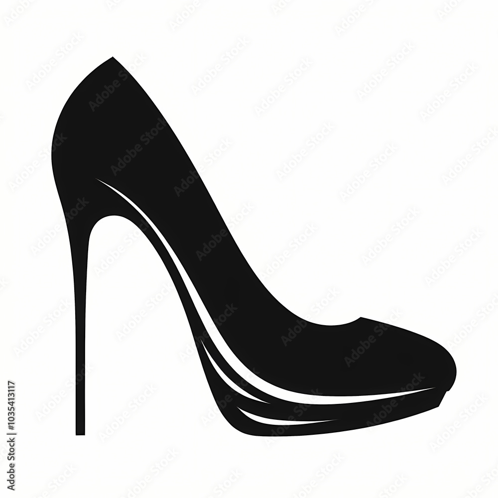 Obraz premium Black minimalist silhouette of a high-heeled women’s shoe on a white background, perfect for fashion or style-related designs.