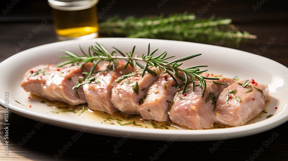 Raw pork tenderloin with a drizzle of olive oil and a garnish of rosemary and garlic Raw pork tenderloin with a drizzle of olive oil and a garnish of rosemary and garlic