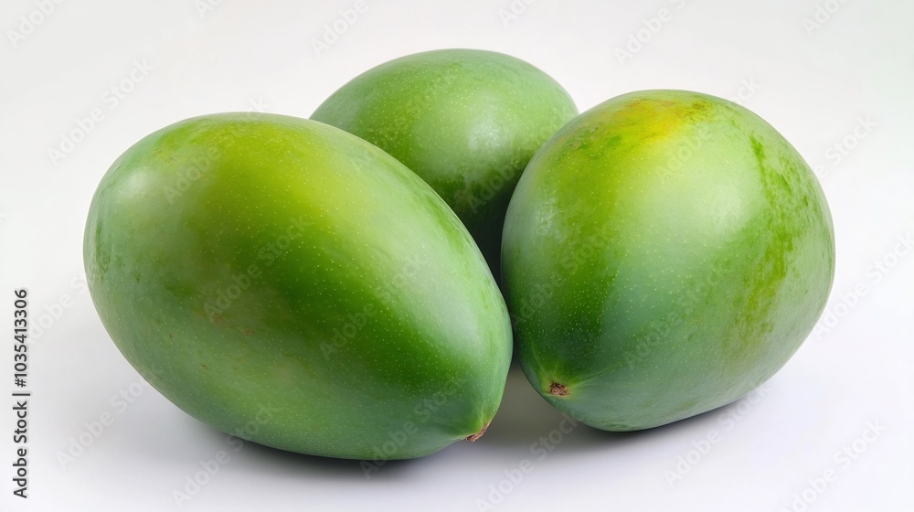 Three Green Mangoes on a White Background Three Green Mangoes on a White Background