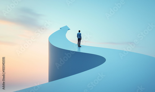 A solitary figure standing on a winding path shaped like an upward arrow, symbolizing career growth, personal development, and navigating life's journey, set against a serene gradient sky