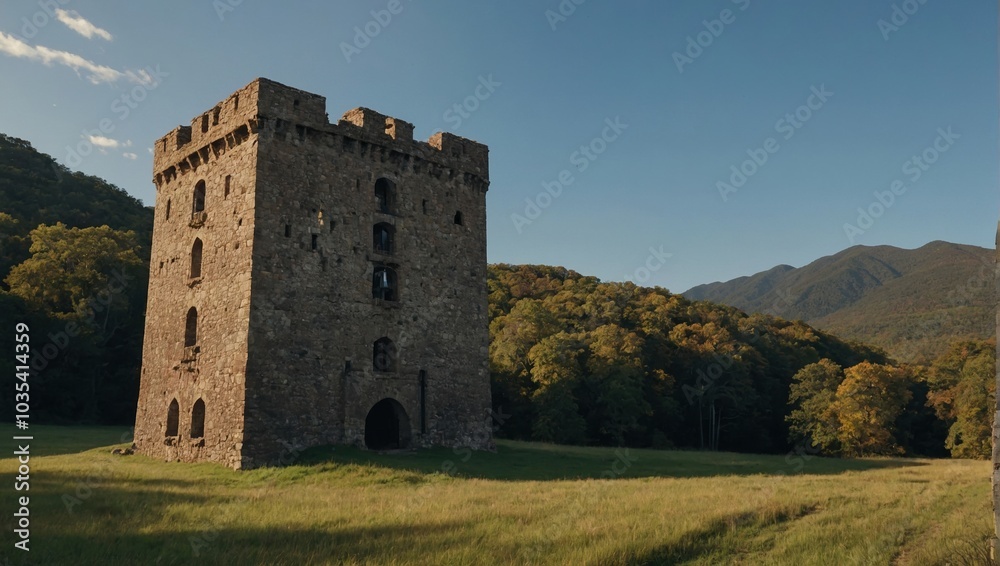 A charming archer tower framed by lush trees invites exploration A charming archer tower framed by lush trees invites exploration