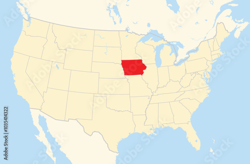 Symbol Map of the State Iowa (United States of America) showing the Contiguous United States with the highlighted state