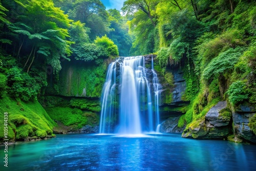 Blue dripping waterfalls down a stone cliffside, with lush green foliage in the background, scenic spot, outdoors, rock