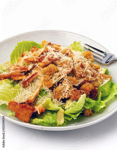 A delightful Caesar salad awaits! Crispy romaine lettuce, golden croutons, and a generous sprinkle of parmesan cheese create a symphony of flavors and textures. A culinary masterpiece!