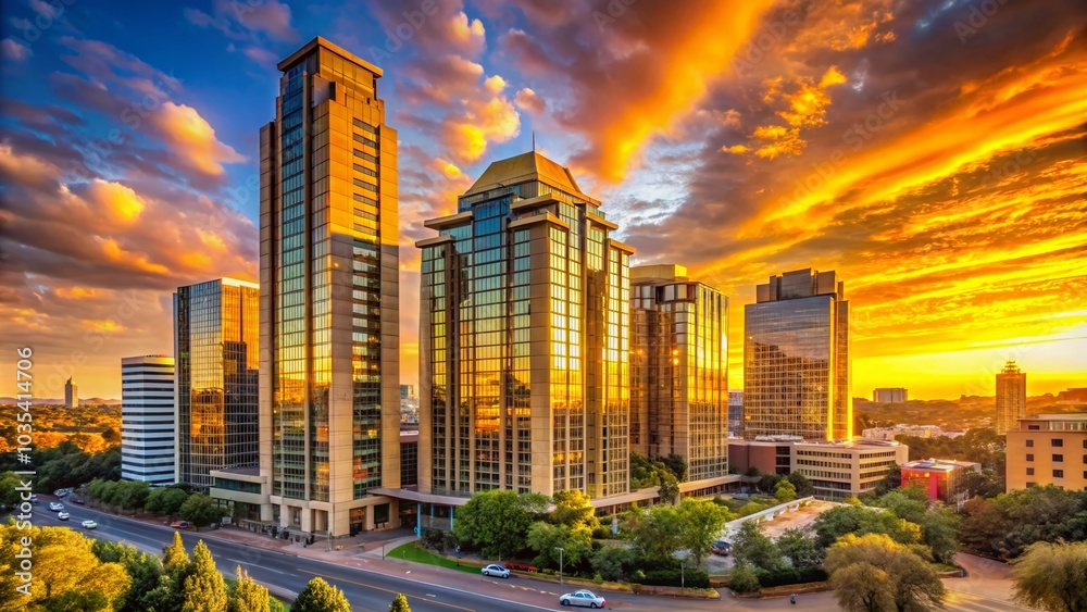 Fototapeta premium Golden Sunset Over Modern Architecture in Sandton Johannesburg