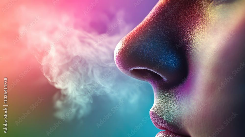 Close-up of human nose during inhalation, capturing the subtle rise and fall of breath, symbolizing life's delicate balance and the continuous cycle of existence. Close-up of human nose during inhalation, capturing the subtle rise and fall of breath, symbolizing life's delicate balance and the continuous cycle of existence.