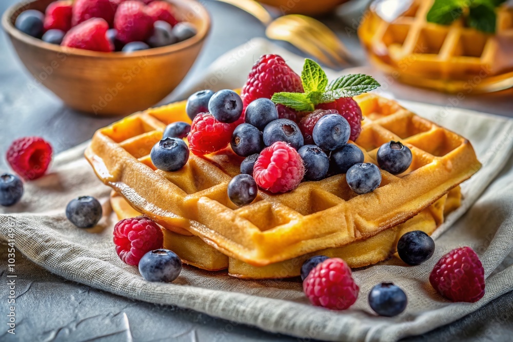 Golden Waffles with Berries and Honey on Light Surface - Delicious Breakfast Delight Golden Waffles with Berries and Honey on Light Surface - Delicious Breakfast Delight