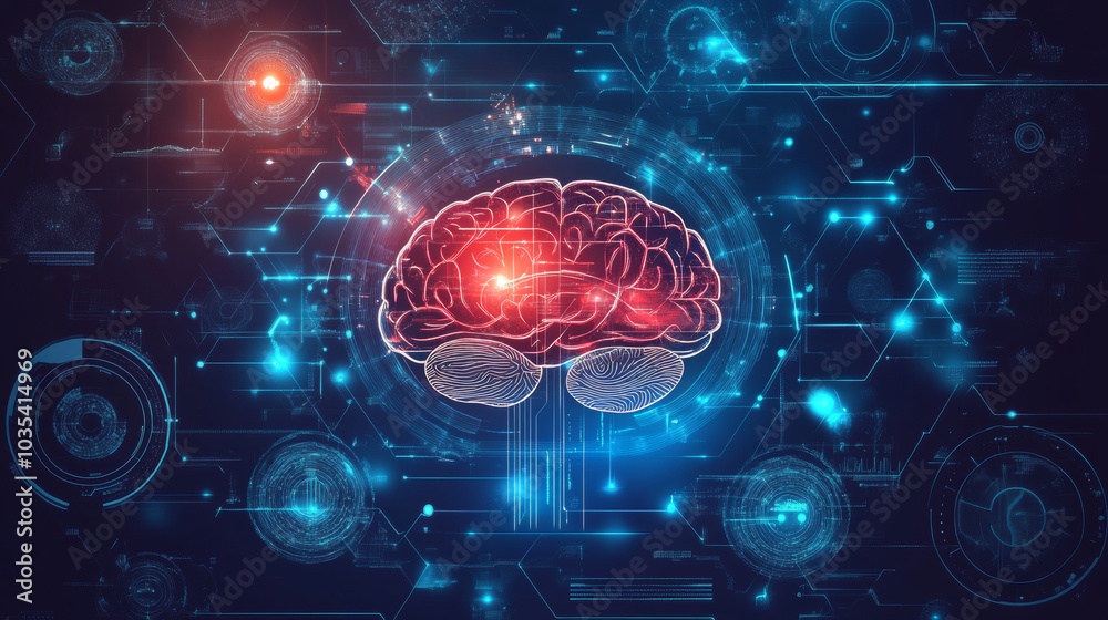 Fototapeta premium Concept of medical technology advancement, featuring a graphic of a brain integrated with a medical technology interface.