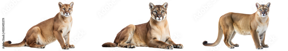 Obraz premium Mountain lion trio resting in various poses indoors. Set of png on transparent background