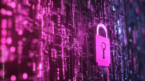 Concept of a private key in cybersecurity technology, illustrated with a graphic of a padlock combined with binary code and an electronic key.