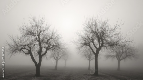 This image captivates with its ethereal beauty, showcasing leafless Almond trees shrouded in mist, all rendered in a serene monochrome palette