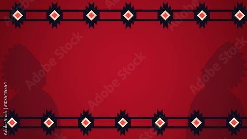 4k animation of a Native American tribe with elements of a Tribal Chief with unique motifs moving at the top and bottom, and a red background