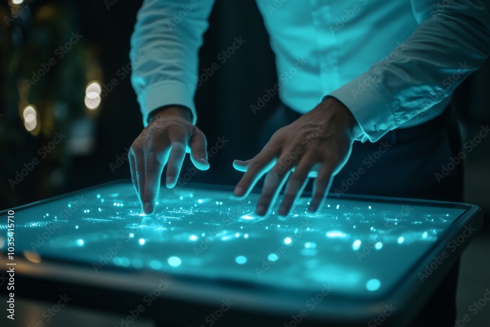 close-up of businessman hands touching digital hologram table screen with futuristic interface close-up of businessman hands touching digital hologram table screen with futuristic interface