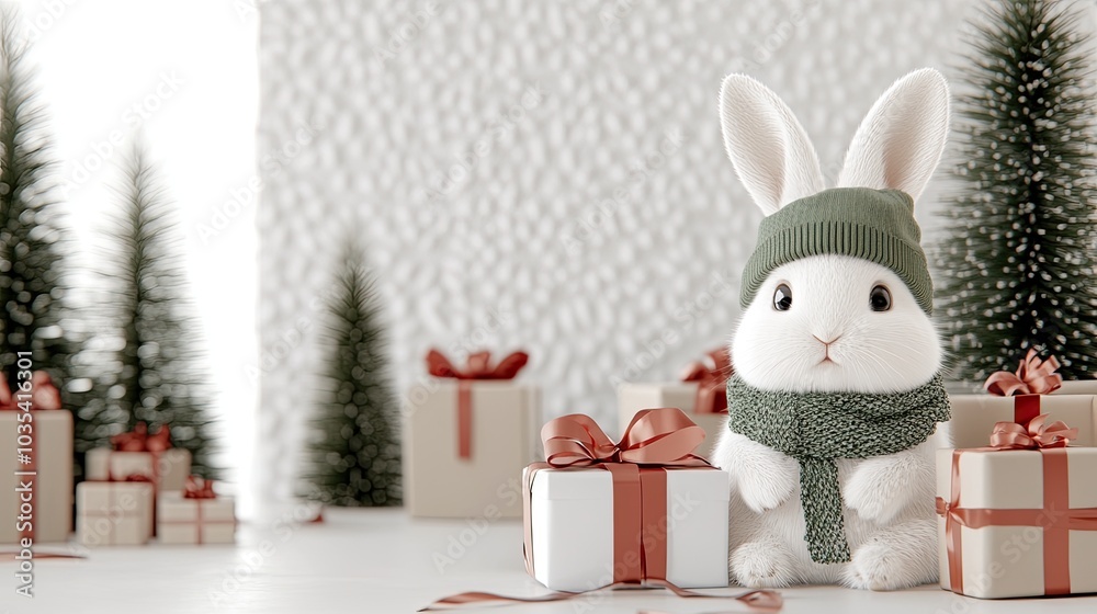 A charming white rabbit wears a green hat and scarf while surrounded by festive Christmas gifts amidst a snowy landscape with pine trees A charming white rabbit wears a green hat and scarf while surrounded by festive Christmas gifts amidst a snowy landscape with pine trees