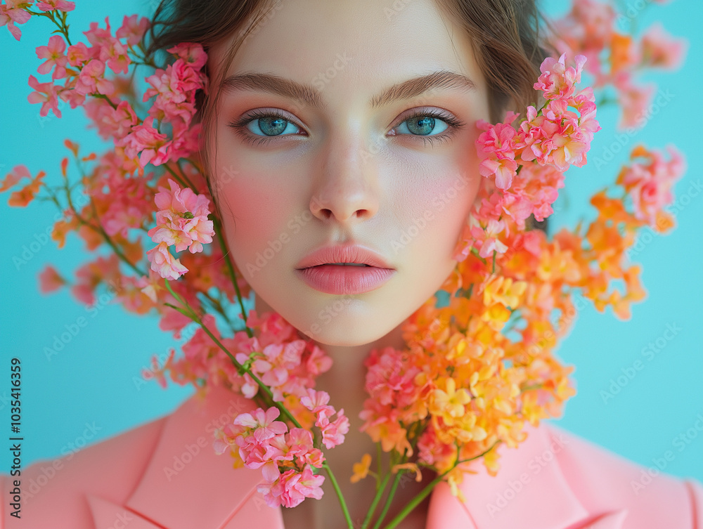 Fototapeta premium Close-up of a beautiful bouquet of orange and pink flowers against a blue background. Vivid and contemporary floral concept.