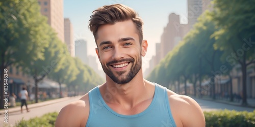 Young man smiling in a urban park during a sunny day with city buildings in the background.