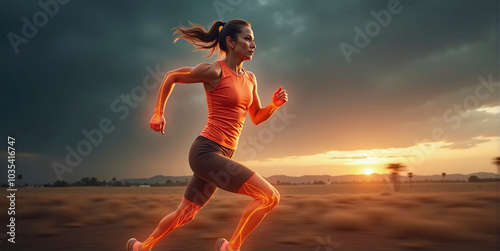 Female athletes or jogger with insight into the movement structure and highlighted body areas