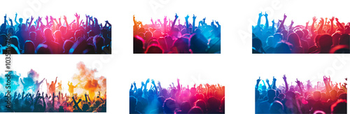 Excited crowd at a lively night concert with colorful lights. Set of png on transparent background