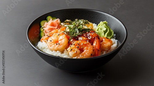 A bowl of white rice topped with shrimp, pickled ginger, and seaweed. The bowl is on a black background.