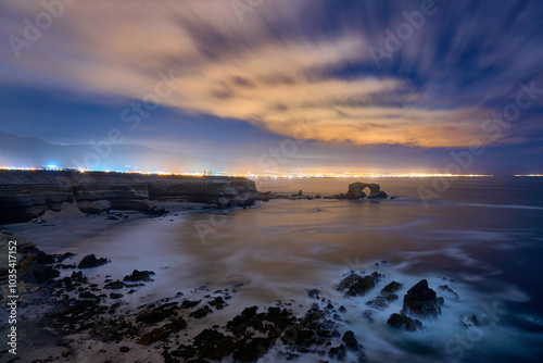 View at night of "the cover" with the city in the background, Antofagasta, Chile