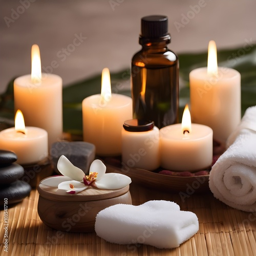 Soothing Spa Environment: Candles and Essential Oils on a Massage Table