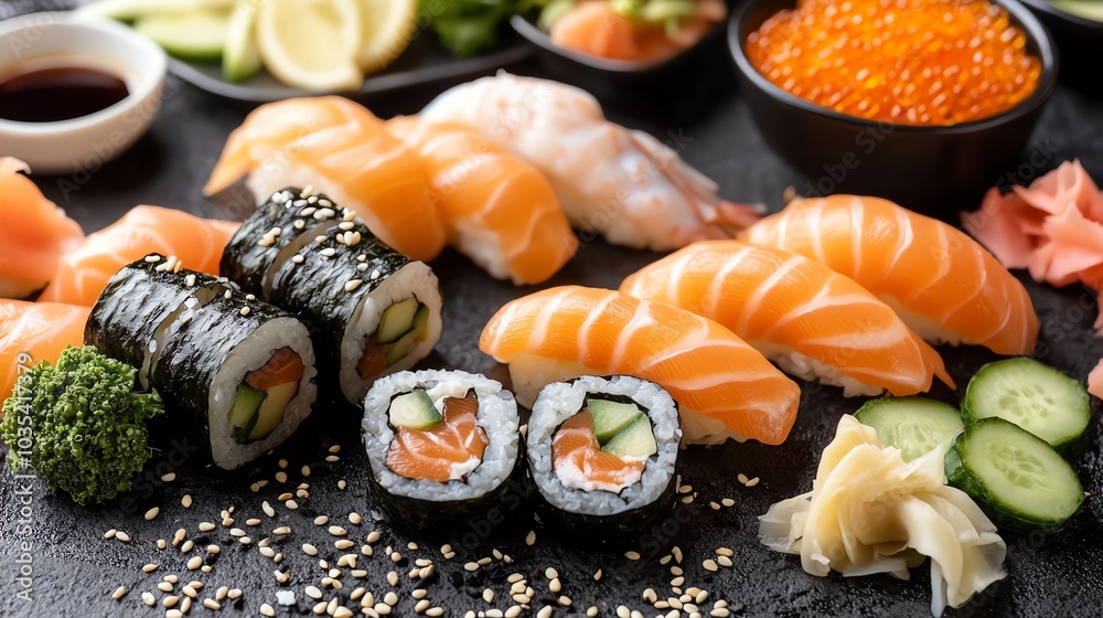 A delicious spread of sushi, including nigiri, maki, and sashimi.  The plate is garnished with fresh vegetables, ginger, and wasabi.