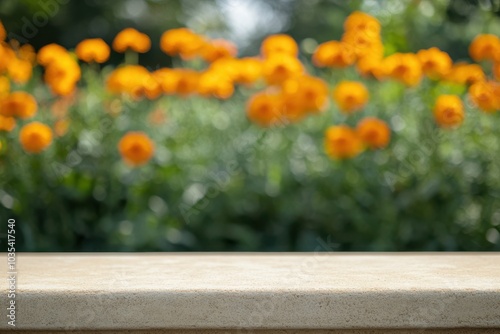 Ground level angle view, solid tan surface with blurred meadow of bright marigolds in the background, highlighting copy space, ad promo template, product placement, flower garden decor