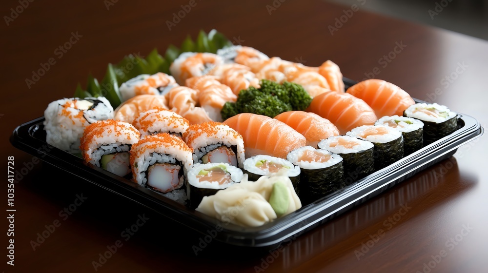 A platter of assorted sushi rolls and nigiri, featuring salmon, crab, and other ingredients. A platter of assorted sushi rolls and nigiri, featuring salmon, crab, and other ingredients.