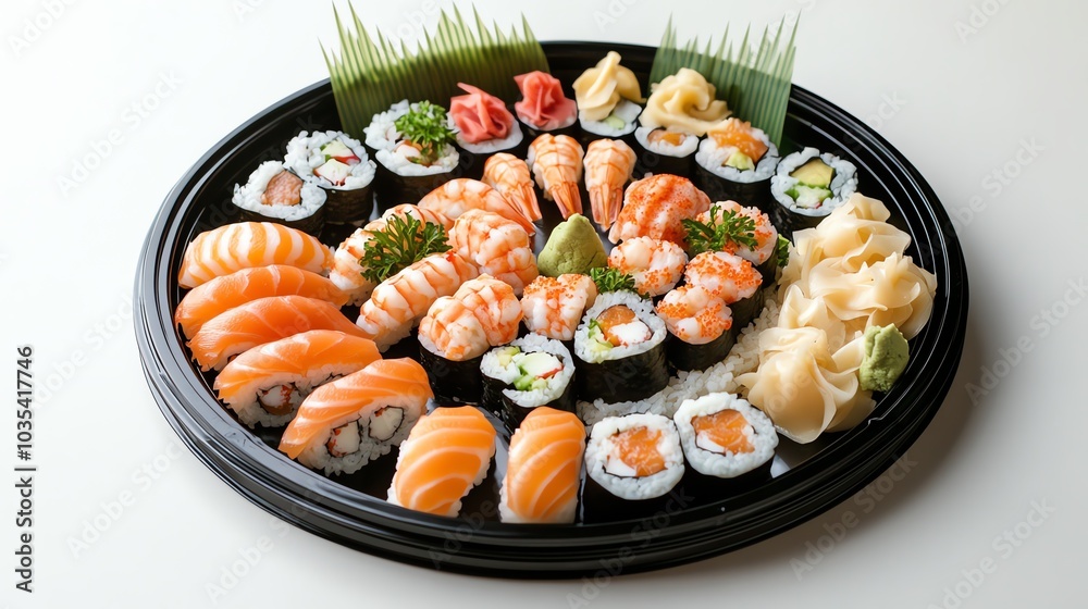 A platter of assorted sushi rolls and nigiri, featuring salmon, shrimp, and other ingredients. A platter of assorted sushi rolls and nigiri, featuring salmon, shrimp, and other ingredients.