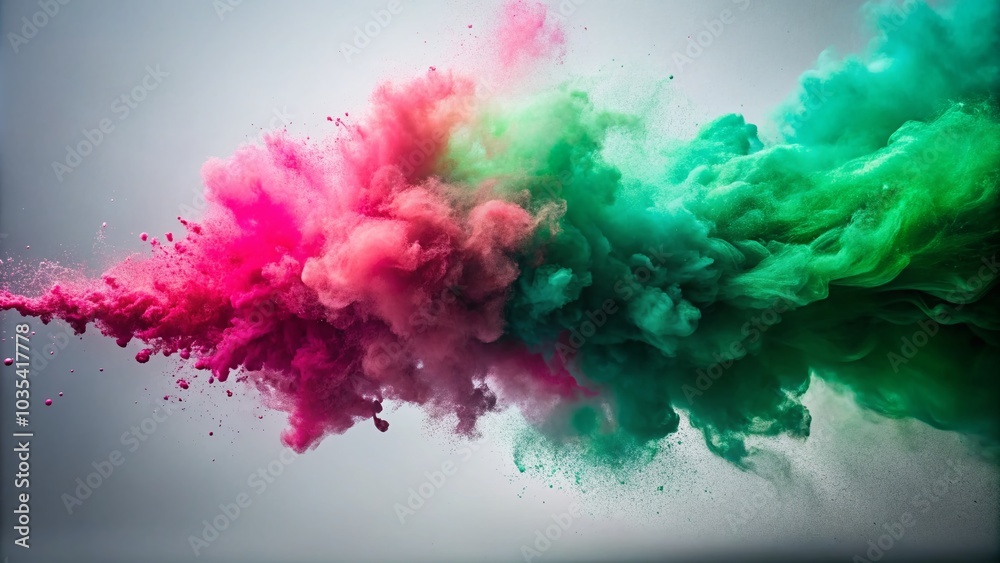 Fototapeta premium Green Smoke and Pink Dust Explosion on White Background for Air Filtration Concepts
