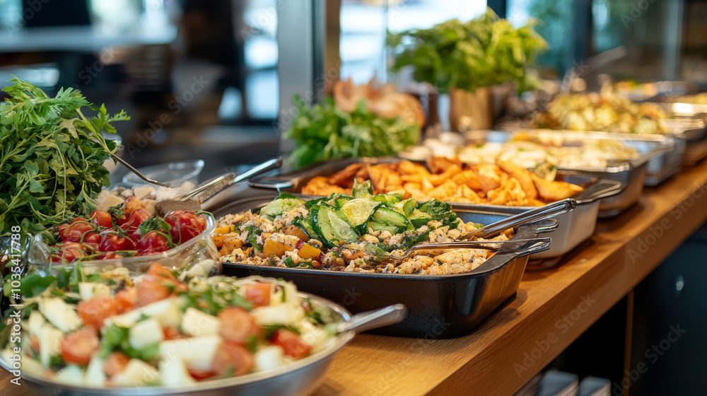 An array of delicious dishes beautifully arranged on a serving table in a restaurant.
An array of delicious dishes beautifully arranged on a serving table in a restaurant.