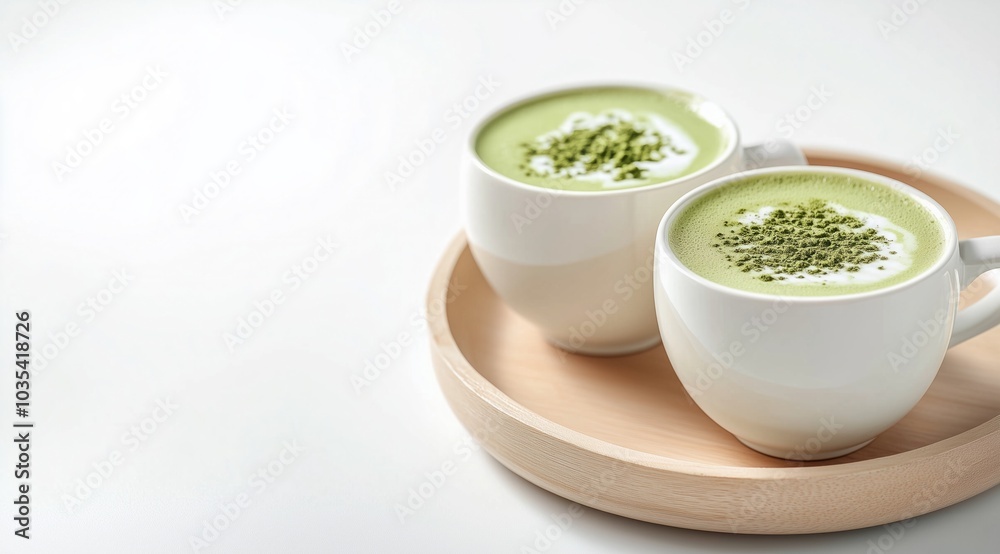 Two white cups of matcha latte on a wooden plate isolated on white background. Two white cups of matcha latte on a wooden plate isolated on white background.