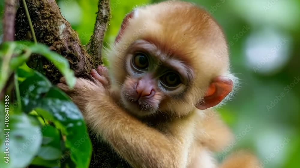 A baby monkey is sitting on a tree branch A baby monkey is sitting on a tree branch
