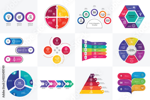 Big collection of colourful infographic templates with 3, 4, 5, 6 steps, options. Can be used for chart, graph, report, presentation