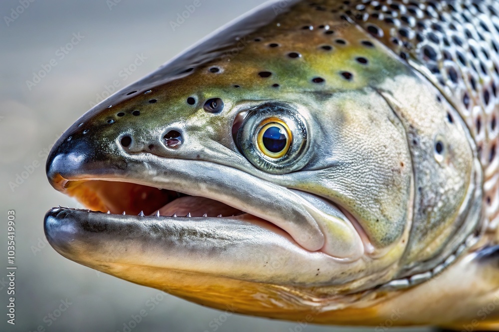 Close-up of a salmon's face with slimy mucus covering its skin, fish, wildlife photography, aquatic biology Close-up of a salmon's face with slimy mucus covering its skin, fish, wildlife photography, aquatic biology