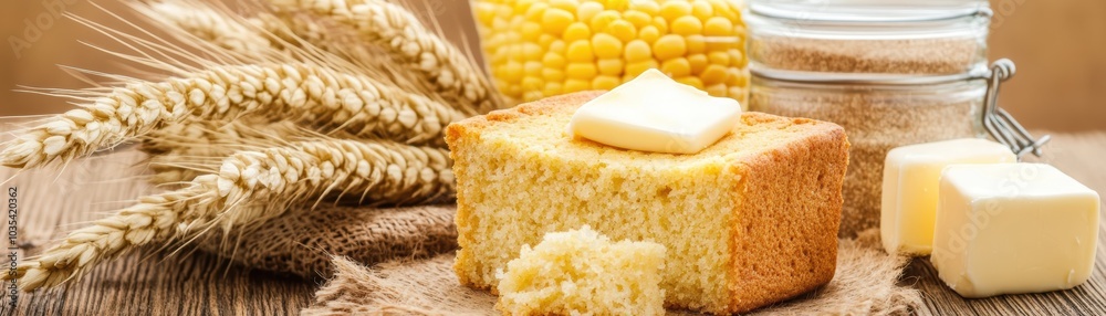 Rustic cornbread with butter and wheat ears on wooden table Rustic cornbread with butter and wheat ears on wooden table