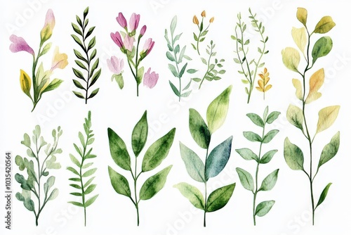 Watercolor Illustration of Various Green and Yellow Botanical Elements photo