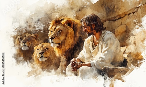 Daniel in the lions' den. Daniel and the Very Hungry Lions. Digital watercolor painting, Generative AI