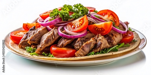 Gyro Roasted Meat with Tomatoes - Deliciously Savory Dish Isolated on White Background