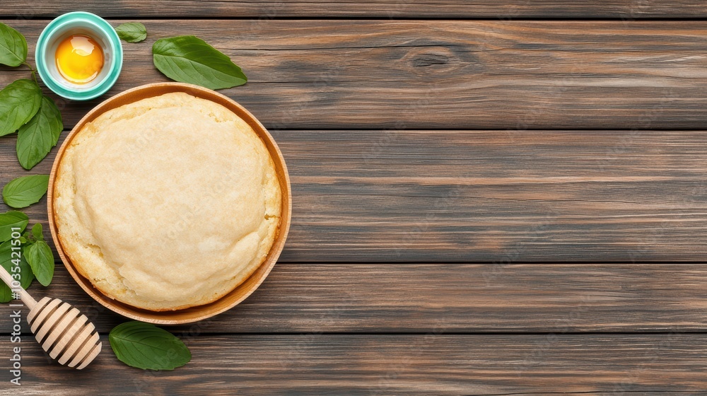 baked cornbread in a wooden bowl with sweet honey and green leaves baked cornbread in a wooden bowl with sweet honey and green leaves