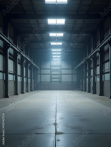 Indoor photo of inside industrial facility straight on with overhead lighting concrete floor and blank foreground