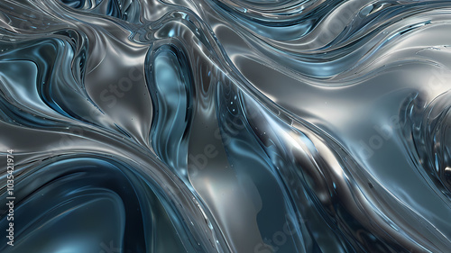 Smooth, fluid waves of transparent glass-like patterns, reflecting light in subtle shades of silver and blue