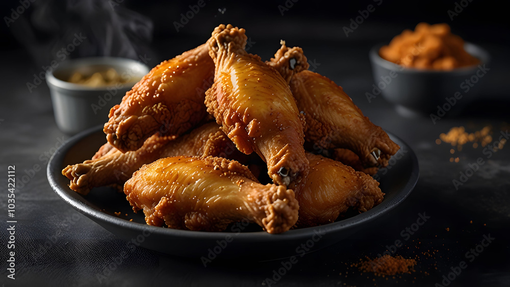 Crispy Fried Chicken Drumsticks on a Plate with Dark Background Crispy Fried Chicken Drumsticks on a Plate with Dark Background