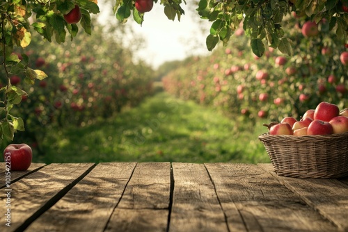 Ground level angle view, weathered wood table with blurred apple orchard and rustic baskets, evoking a harvest-time charm, ad promo template, orchard branding, apple decor photo