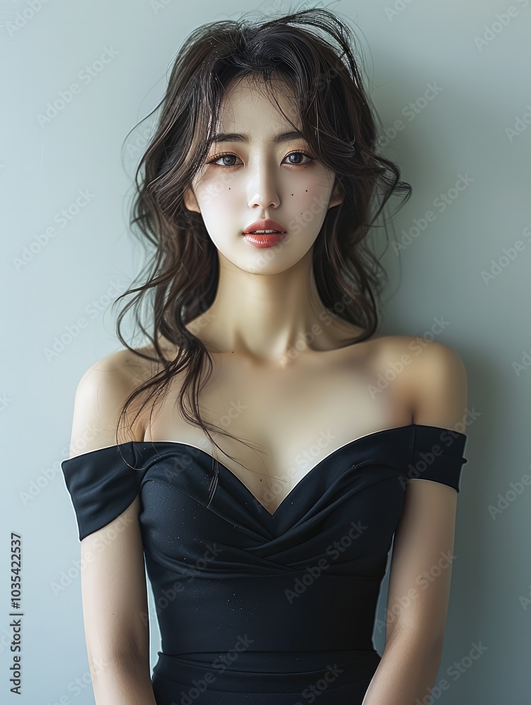 A beautiful Korean woman in a black off-the-shoulder dress. A beautiful Korean woman in a black off-the-shoulder dress.
