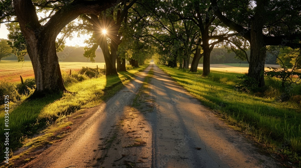 Sunlit country road with rows of old oak trees casting shadows Sunlit country road with rows of old oak trees casting shadows