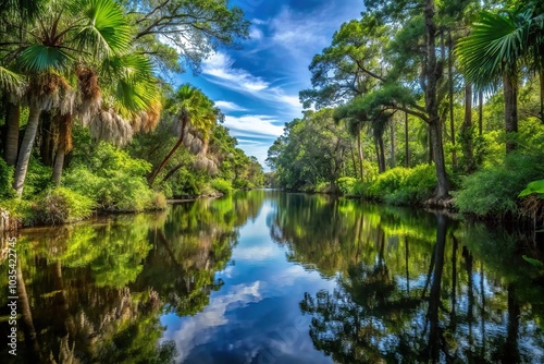 Low angle narrow perspective vertical shot of Florida black water creek