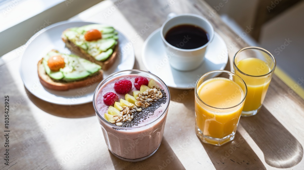 A plate of food with fruit and a glass of juice
A plate of food with fruit and a glass of juice