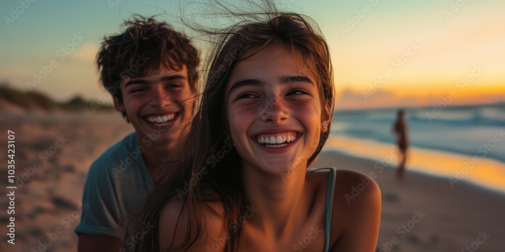 Couple smiling at sunset on beach. Couple smiling at sunset on beach.