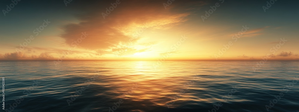 Fototapeta premium golden sunrise casting warm light over a calm ocean, with subtle waves and a clear horizon